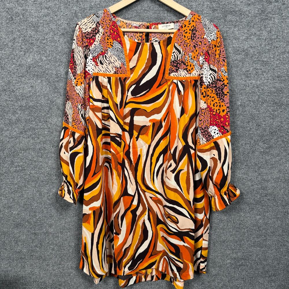Umgee USA Size Large Tiger Animal Print Boho Mini Shift Dress Brown Long Sleeves